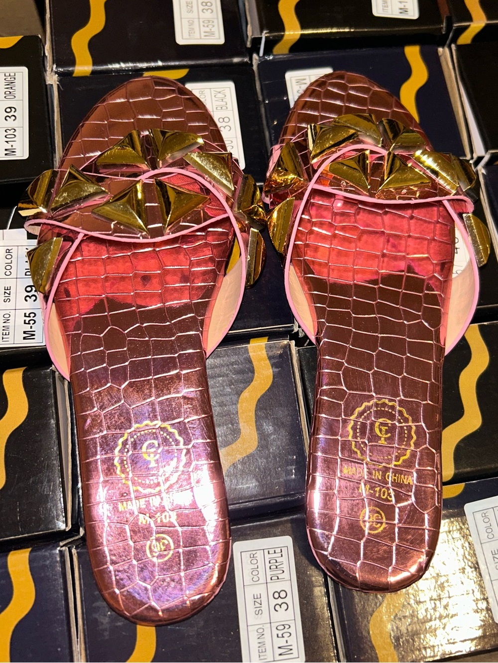 Metallic Pink Croc-Textured Slide Mules with Gold Accent
